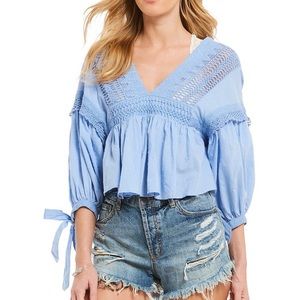 Free People Cropped Boho Top. Light Blue. Size XS